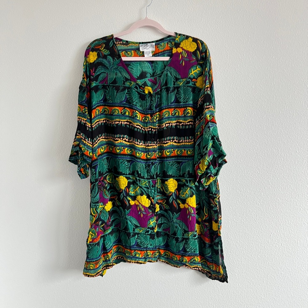 Vintage 80's Cotton Zone Vibrant Tropical Floral Rayon Button-Down Tunic 22
